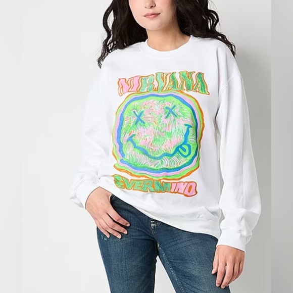 NIRVANA Size M White Sweatshirt W/Vibrant Graphic Nevermind & Smiley Face New - Picture 1 of 3